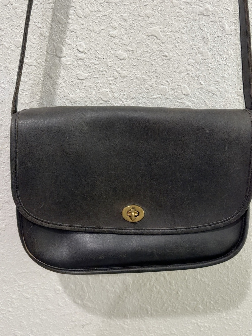 Vintage Coach Black Leather Crossbody with Gold-Tone Turn Lock
